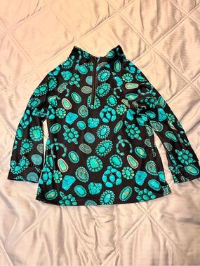 Kids Teal Patterned Pullover Jacket with Zip Neck